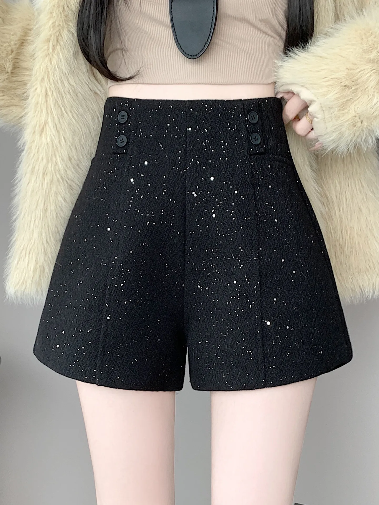 

Шерстяные брюки-шорты женские повседневные с высокой талией, А-силуэт, широкие штанины, осенне-зимняя новинка