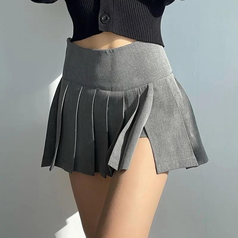 Lucyever Pleated Skirts Women Sexy Slim Side Split Anti-Glare Mini Skirt Female All-Match Solid Color High Waist A Line Skirt