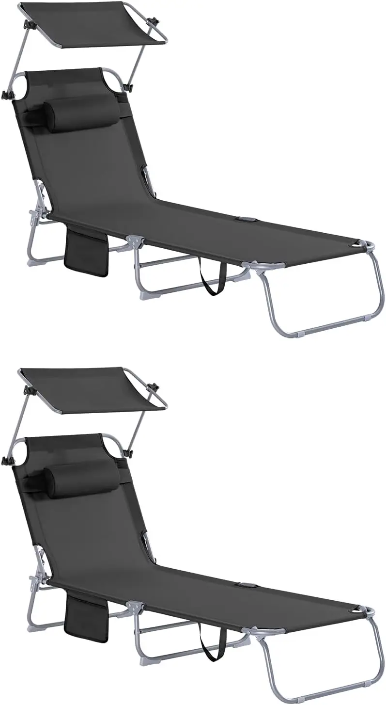 2 Sdrai da Giardino Reclinabile Lettino Prendisole Pieghevole con Cuscino Tasca Laterale e Parasole Sedia Sdraio da