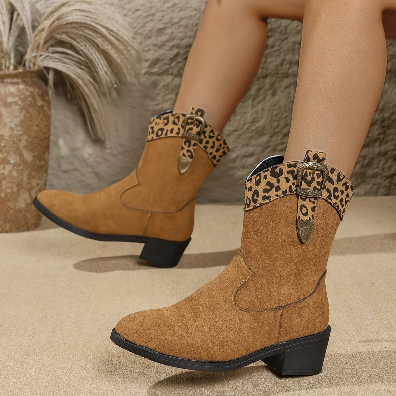 

Retro Women's Short Boots High Quality Women's Knight Boots Printing Sexy Pointed Toe Shoes Leopard Print Spliced Western Boots