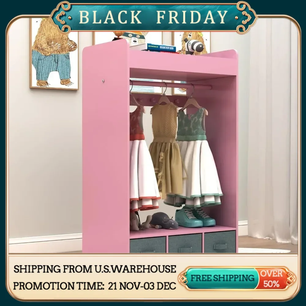 Children's Wardrobes , Dress up Storage with Mirror and Storage Bin,Kids Play Armoire Dresser with Mirror,Kids Costume Organizer