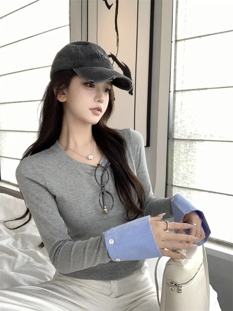 

Salt Series Splice Sleeve T-Shirt Women's Casual Slim Fit Grey Versatile Korean Style Initial Autumn Long Sleeve round Neck Top