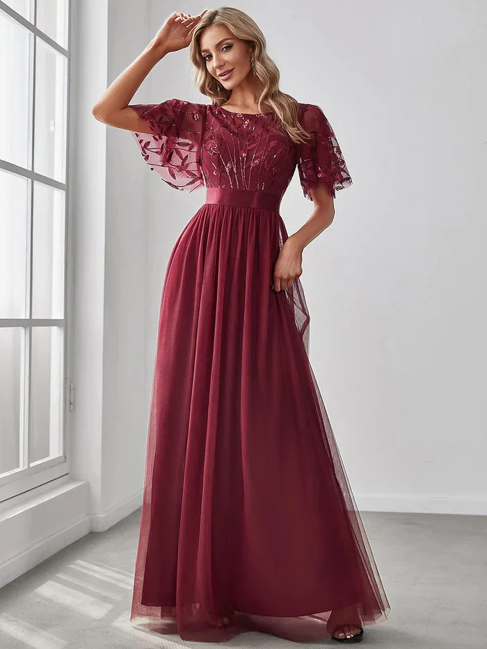 Elegant Evening Dresses O-Neck Sequin Tulle Print Floor Length 2024 New Ever Pretty of Sleeve Plus size Prom Dress for women