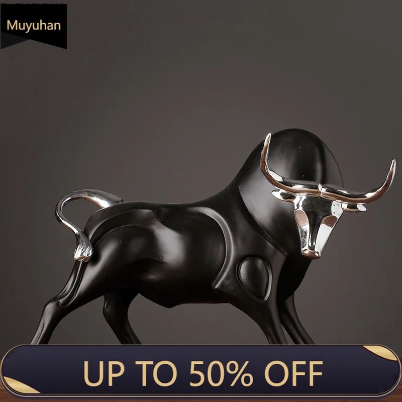 Modern Figurines Red And Black Bull Sculpture Resin Simulation Animal Statue Living Room Bookcase Crafts Accessories Home Decor