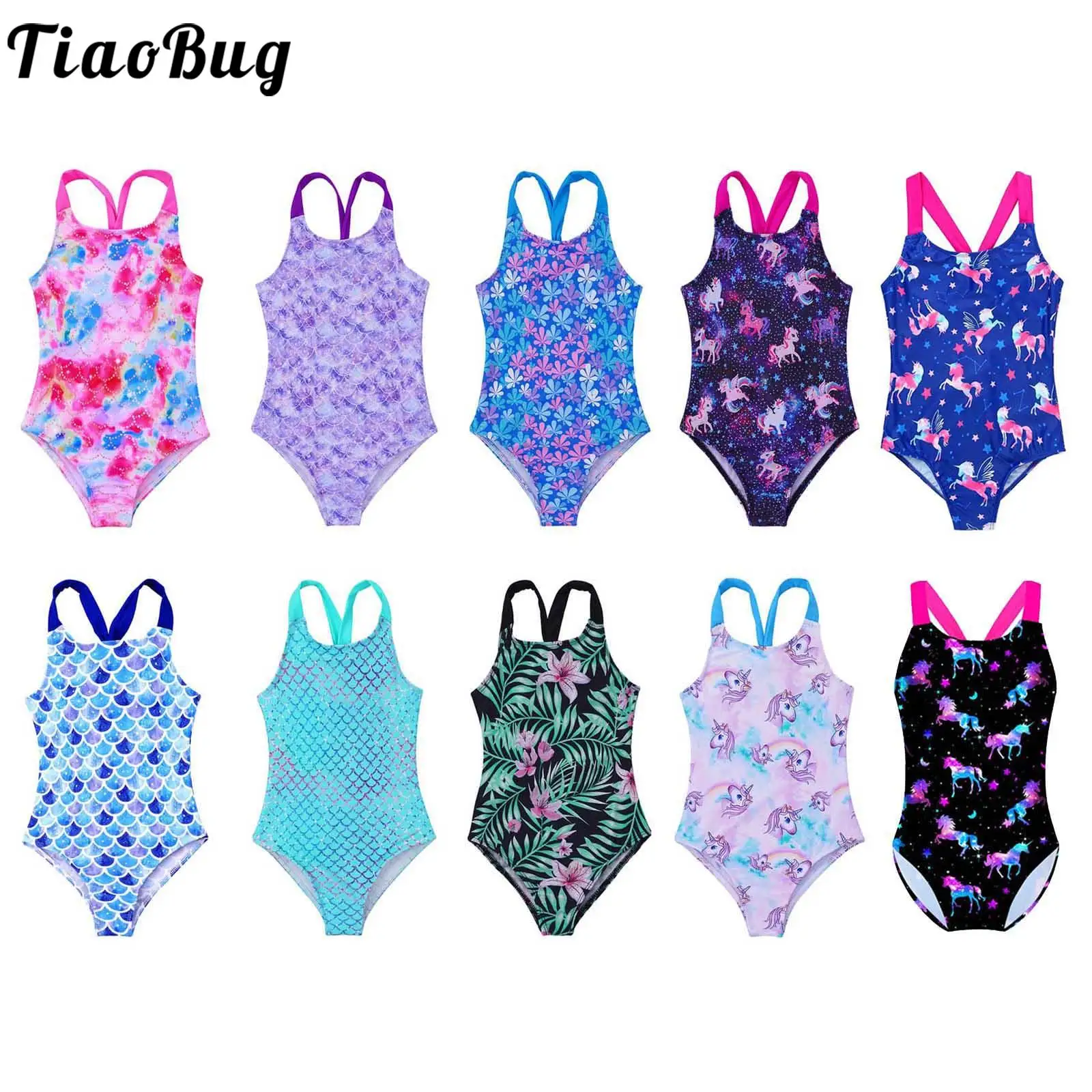 Kids Girls One Piece Swimsuit 2023 Fashion Horses Stars Printing Swimwear Jumpsuit Summer Bathing Suits Sleeveless Bikini Set