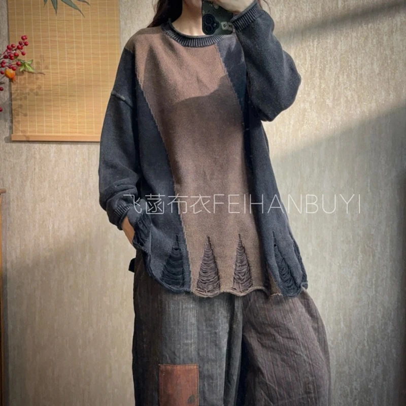 

Новое поступление 2025, осенне-зимний женский повседневный свободный свитер с круглым вырезом и вырезом в винтажном стиле в стиле пэчворк, вязаный свитер с длинными рукавами F89