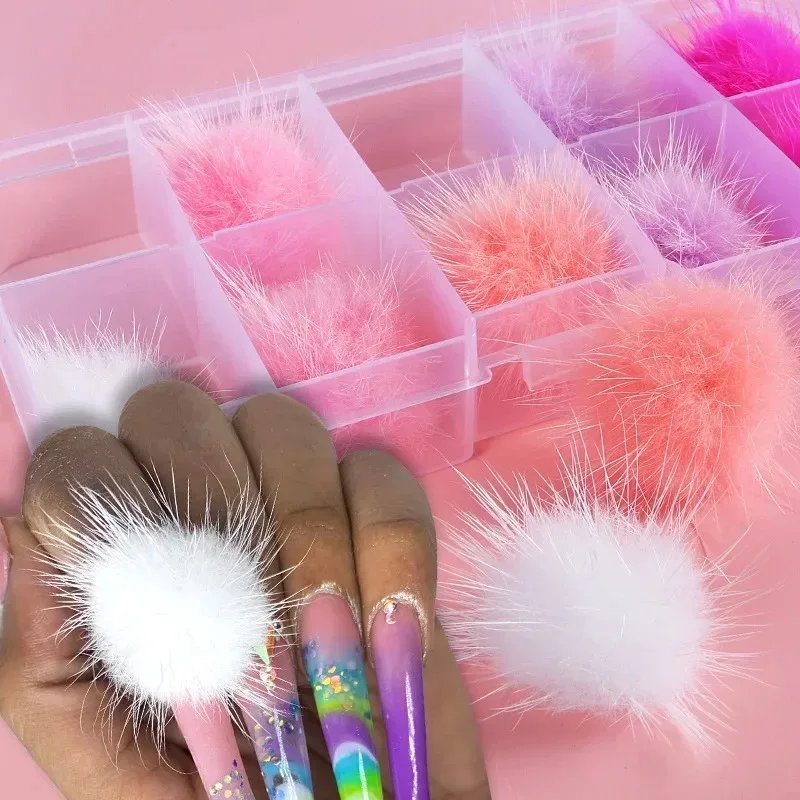 10 개/상자 푹신한 모피 Pompom 밍크 Pom Poms 네일 아트 쥬얼리 분리형 자기 Hairball DIY 디자인 매니큐어 장식 액세서리