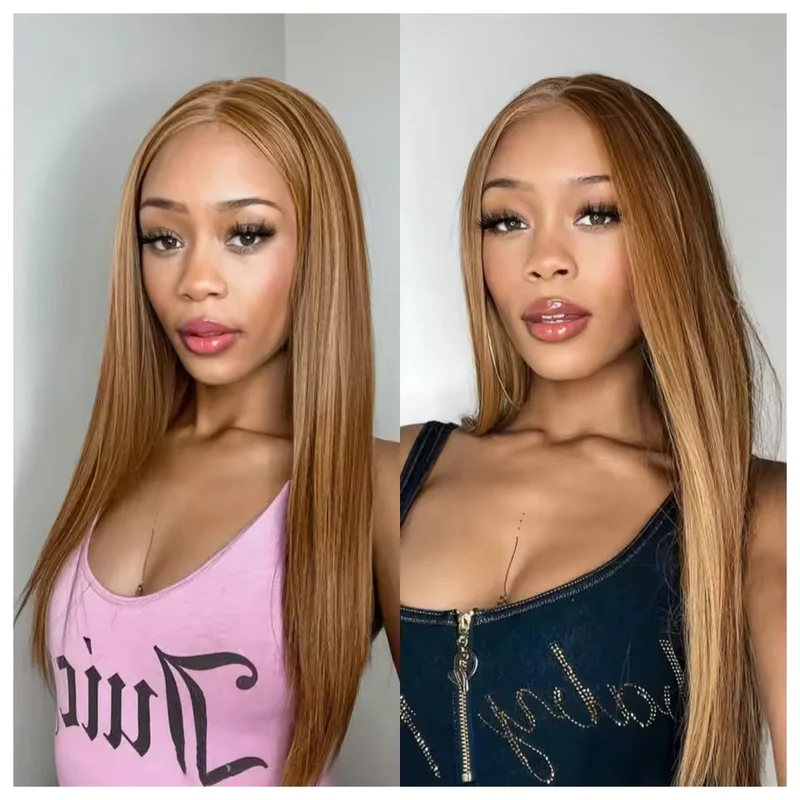 Straight Honey Blonde Brown Highlight Wigs 13x4 Lace Front Wigs
