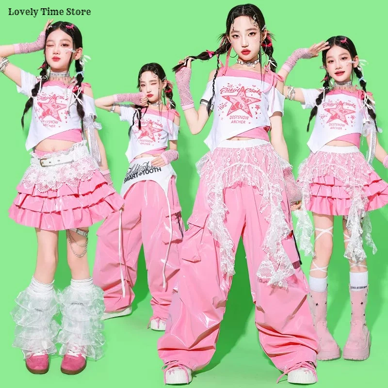 Girls K-pop Crop Top Pink Cargo Pants Street Dance Skirts Children Costumes Kids Hip Hop Streetwear Jazz Girl Group Clothes Sets