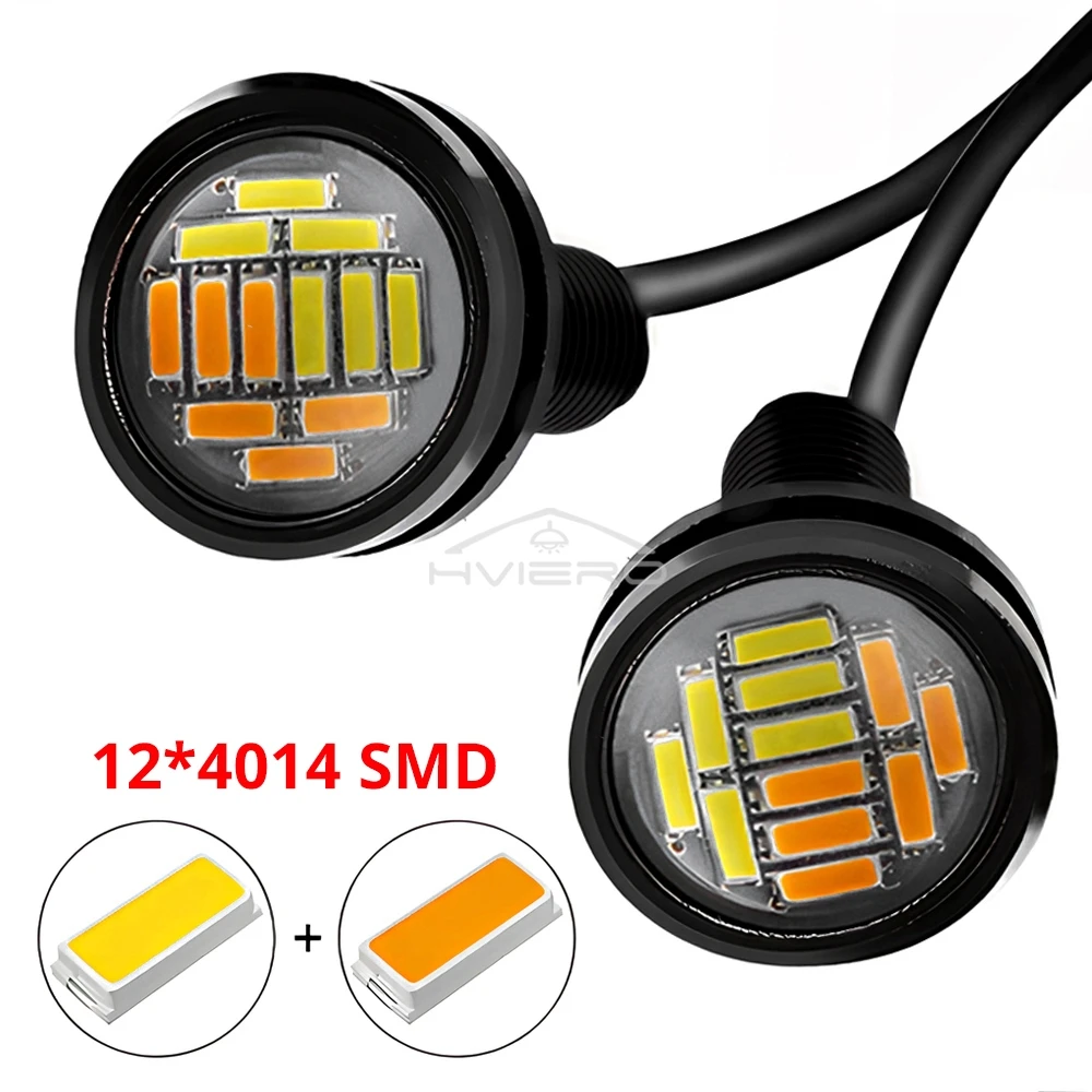 2 uds 4014 lámparas de ojo de águila 12SMD 23mm LED blanco cálido DC 12V luces de circulación diurna para motocicletas automáticas señal de