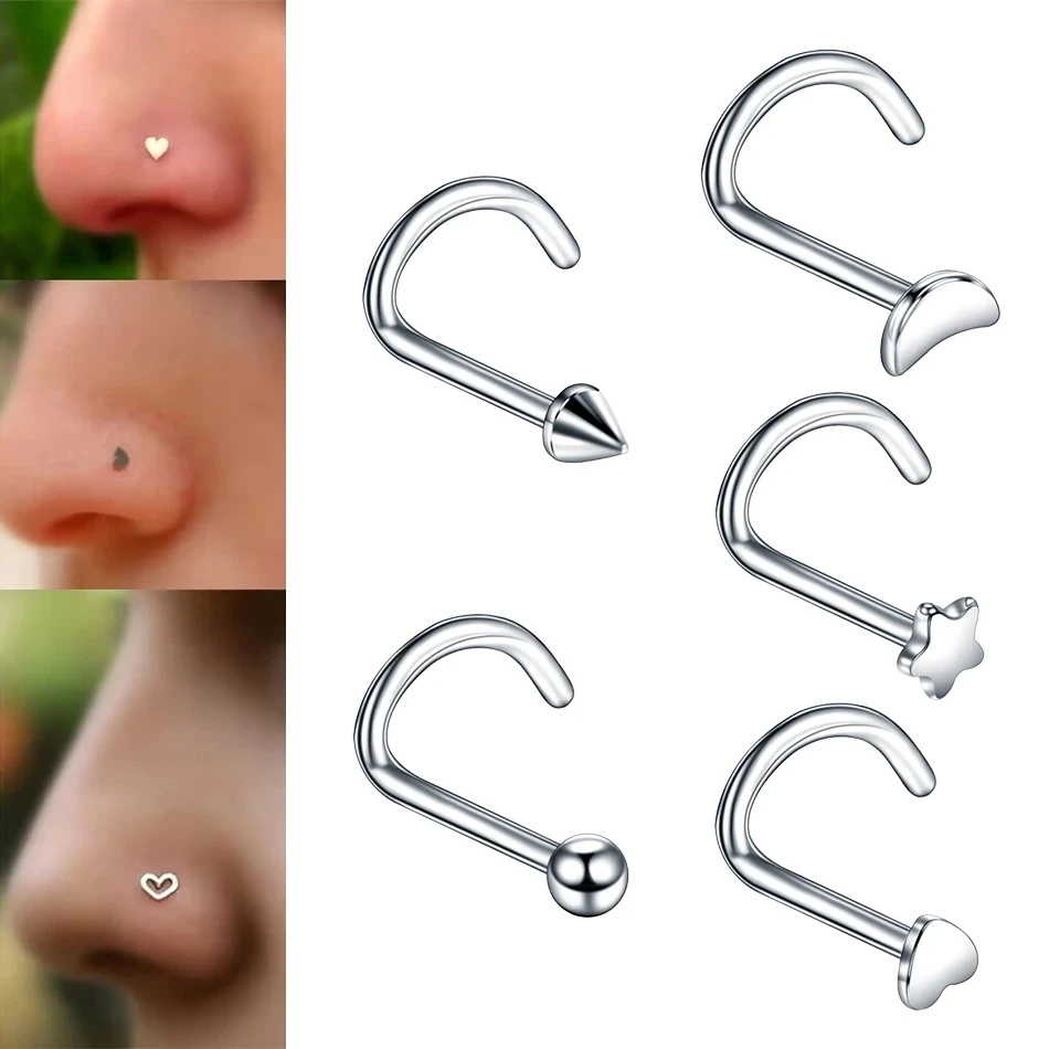 1pcs 20G Stainless Steel Nose Stud Set Moon Heart Star Nose Piercing Screw Rings L Shape Nostril Piercing Women Men Jewelry