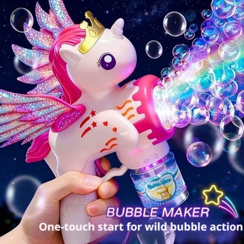 Flying Horse Unicorn Electric Bubble Gun,Colorful Porous Automatic Soap Blower with Lights Summer Outdoor Party Games Toys