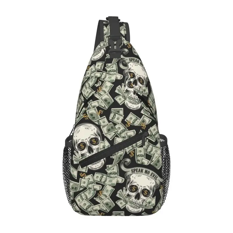 Mochila de hombro con patrón de calavera de dólar personalizado para hombre, bandolera de pecho, informal, para senderismo