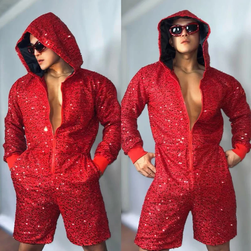 

Red Sequins Workwear Jumpsuit Men Jazz Dance Clothing Sexy Gogo Costumes Bar Nightclub Dj Ds Muscle Man Rave Outfit XS7632