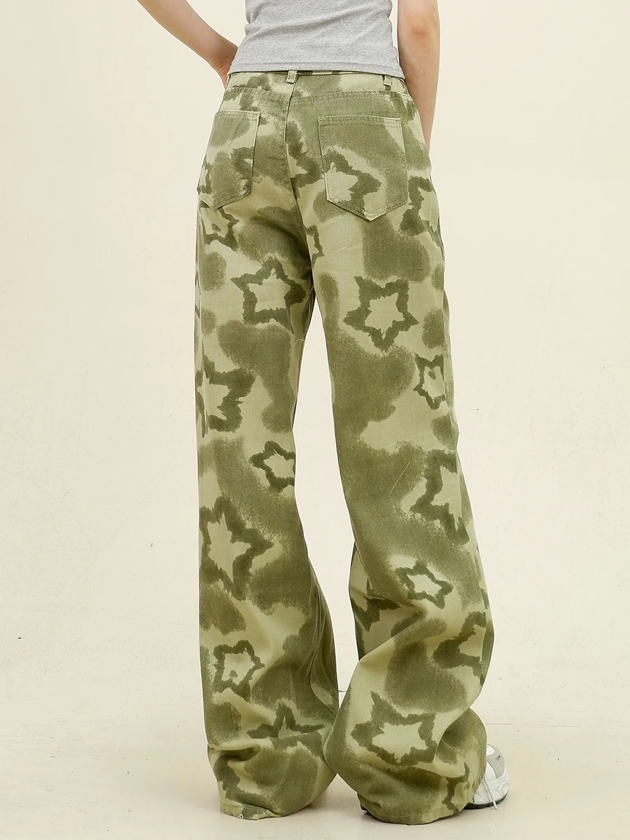 Green Camouflage Star Jeans Women's 2024 Summer New Loose Bf High Waist Thin Wide Legs Tide