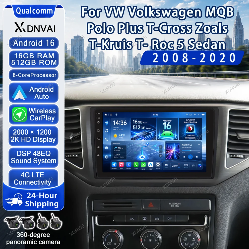 Android 16 Video Player For VW Volkswagen MQB Polo Plus T-Cross Zoals T-Kruis T- Roc 5 Sedan 2008 - 2020 Car Radio Multimedia BT