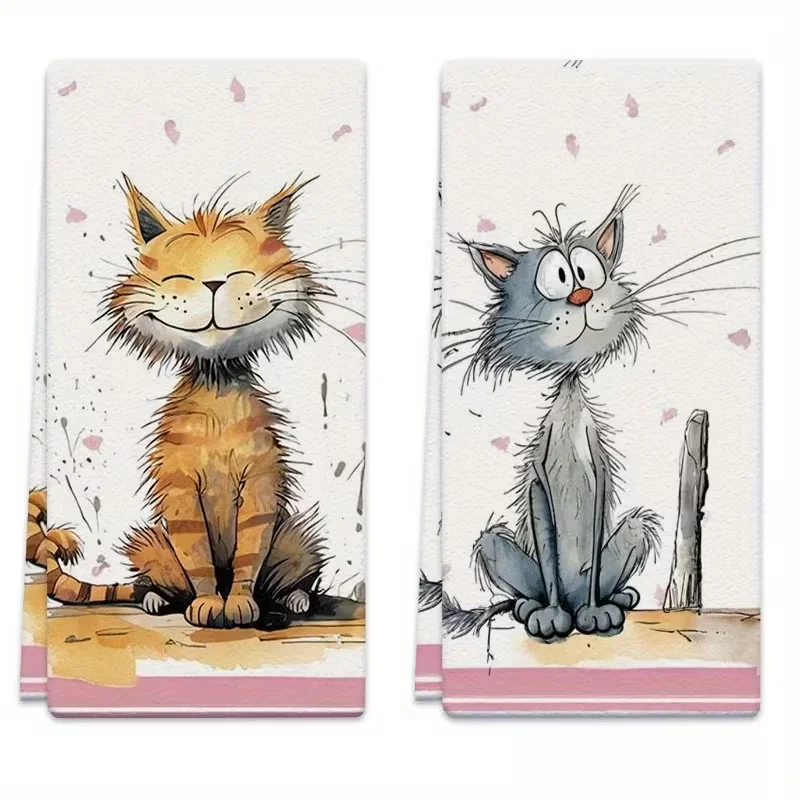2-Pack of Absorbent Kitchen Towels with Cat Pattern, Microfiber Material with Smiling Petals Background, Suitable for Home Cooking, Cleaning, Outdoor Activities, Tea Party Decorations, Household Items