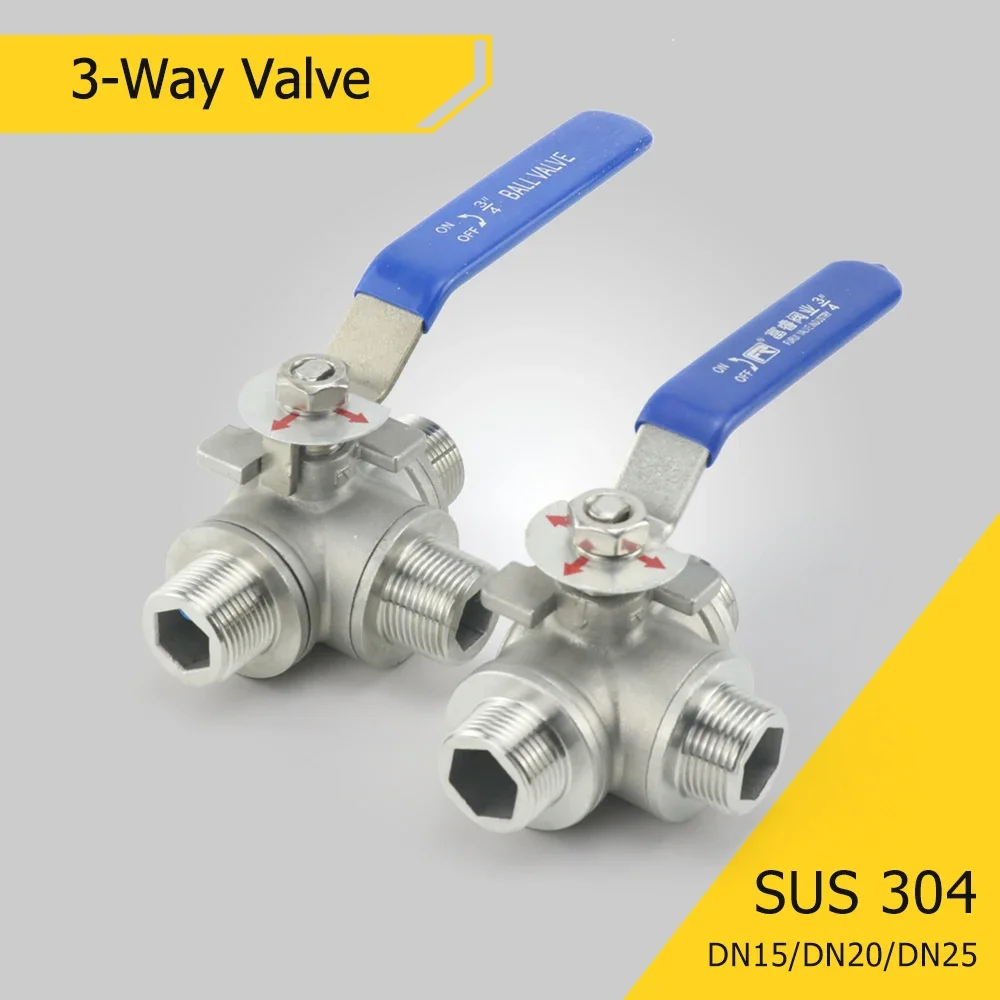 1/2 3/4 1 Male Thread 304 Stainless Steel Three 3-Way Ball Valve L/T Port DN15/DN20/DN25 For Water Oil Air Gas