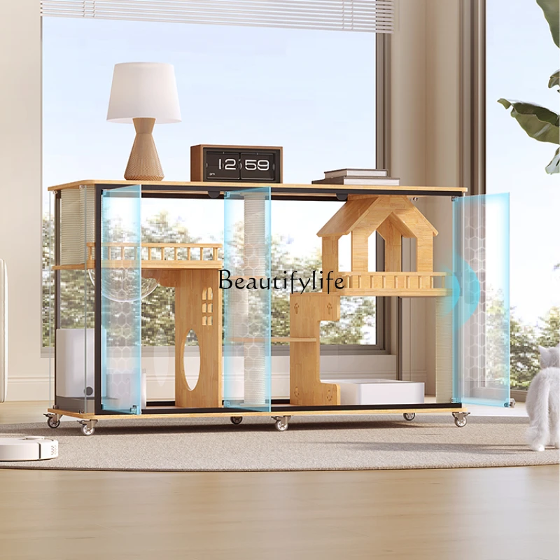 Panoramic Horizontal Cat Villa TV Cabinet Glass Solid Wood Cat Cage Transparent