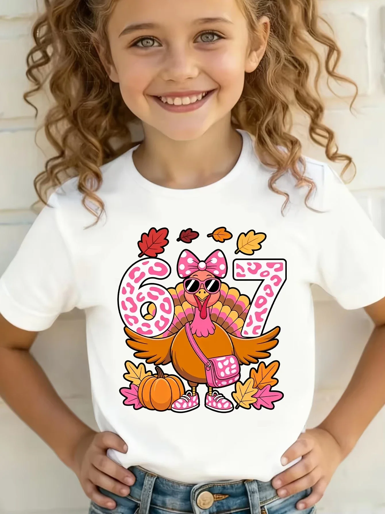 Toddler Girls Summer Short Sleeve Tshirt Thanksgiving Turkey Leopard Print Number 67 Autumn Elements Crew Neck Fashion Clothing