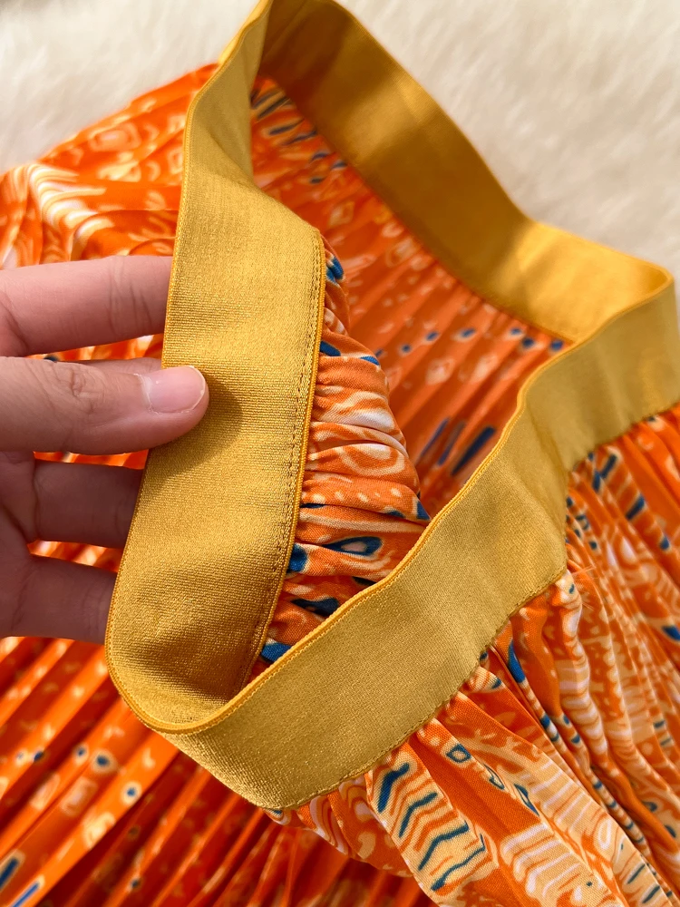 Femmes rétro imprimé taille haute minceur a-ligne jupe plissée mi-longue vacances bord de mer Style grande balançoire déplacements faldas SK081