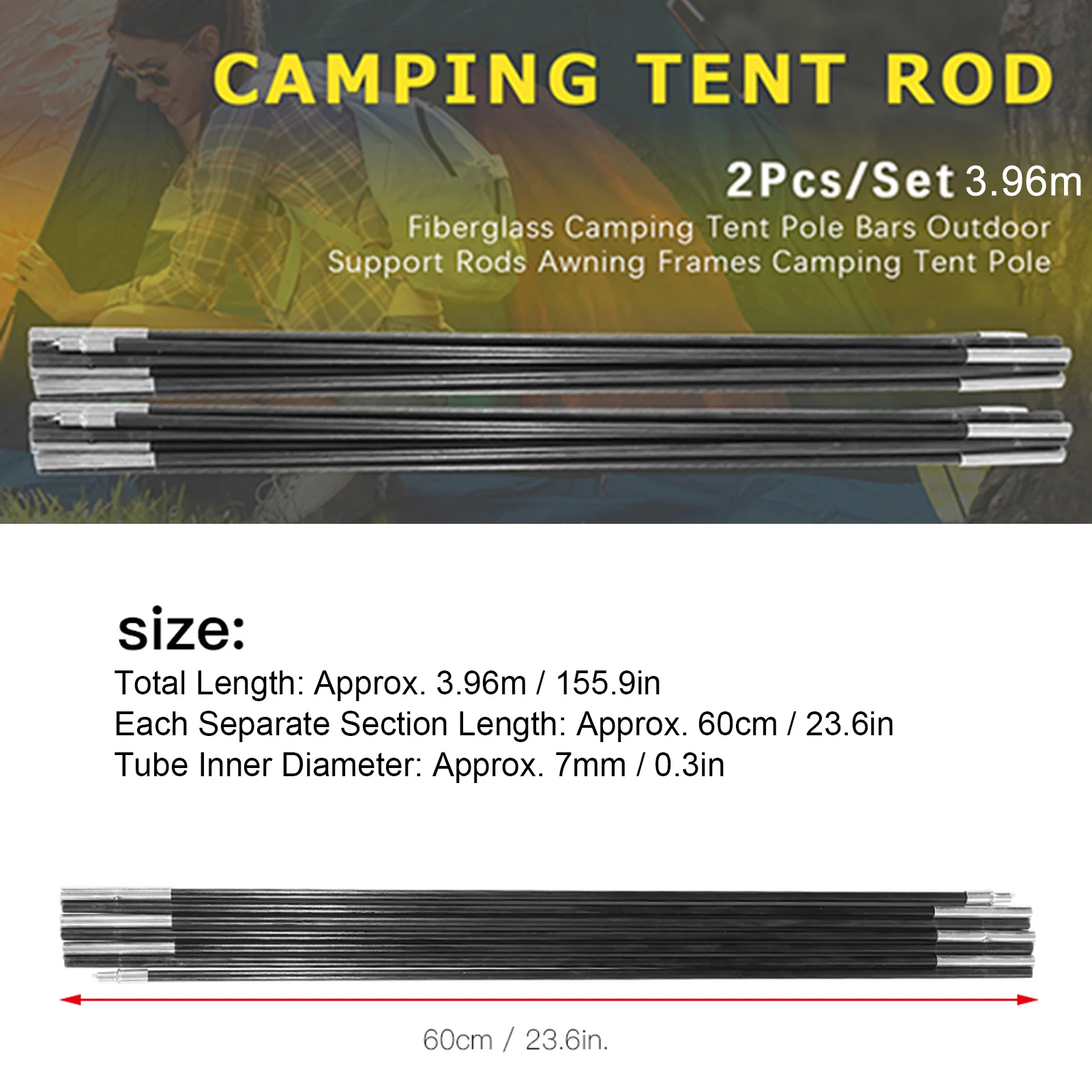 3.96m Fiberglass Camping Tent Poles, 3.96m Foldable Support Rods, Anti-Rust, High-Elasticity for Outdoor Awning Frames Kit