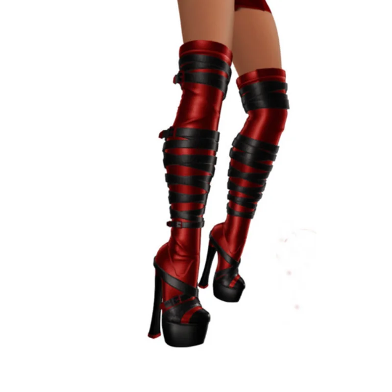 Red Buckle Over Knee High Boots Round Toe Thin High Heel Fashion Sexy Cool Winter Big Size 2025 Woman Shoes Zapatillas Mujer