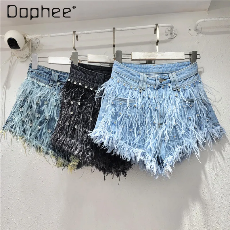 

Denim Shorts Women Tassel Diamond Short Jeans Summer Wash Light Blue Fashion Streetwear High Waist Short Pants Booty Shorts