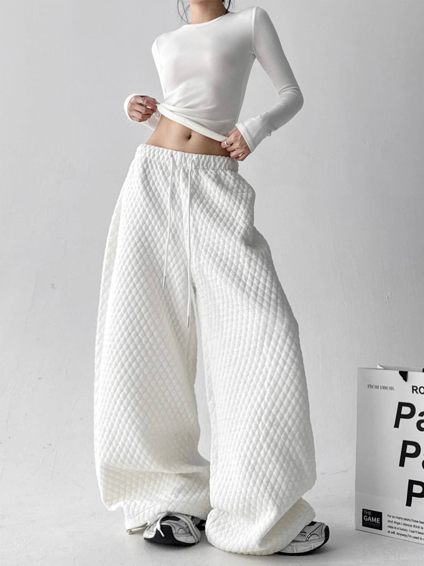 Thiened Fce Wide Leg Pants Women's Winter Casual Straight Long Pants Diamond Pattern Cotton l Waist Lantern Pants