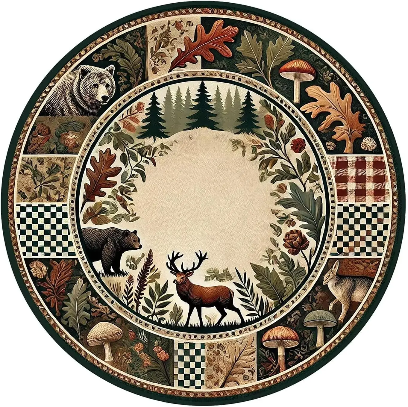 Forest Wildlife Patchwork Round Rug Deer Bear Mushrooms and Checkered Borders for Rustic Home