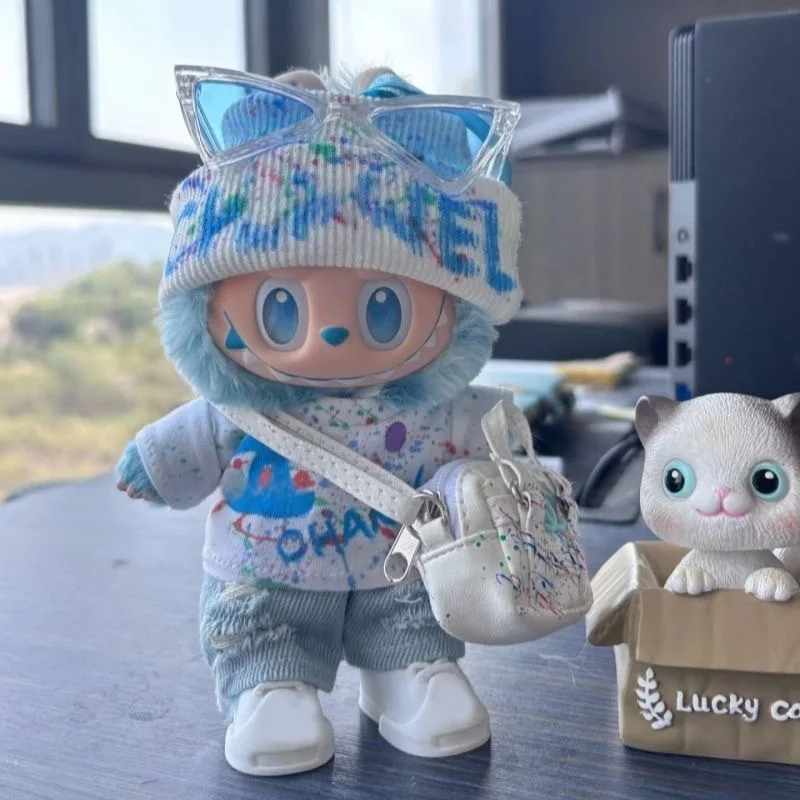 17cmLABUBu eins, zwei, drei Generationen Labubu Kleidung Graffiti Trend Marke Anzug Babykleidung stehende und sitzende Partykleidung