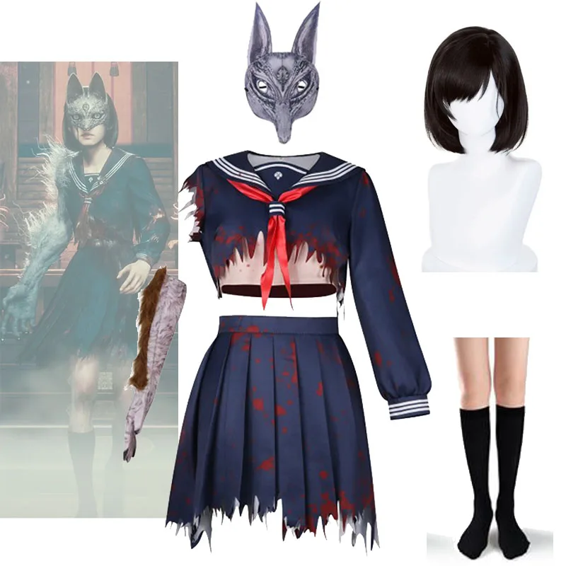 

SILENT HILL f Shimizu Hinako косплей костюм моряка и маска Хэллоуин поврежденная униформа моряка Хинако женский размер наряд Fox Mutant