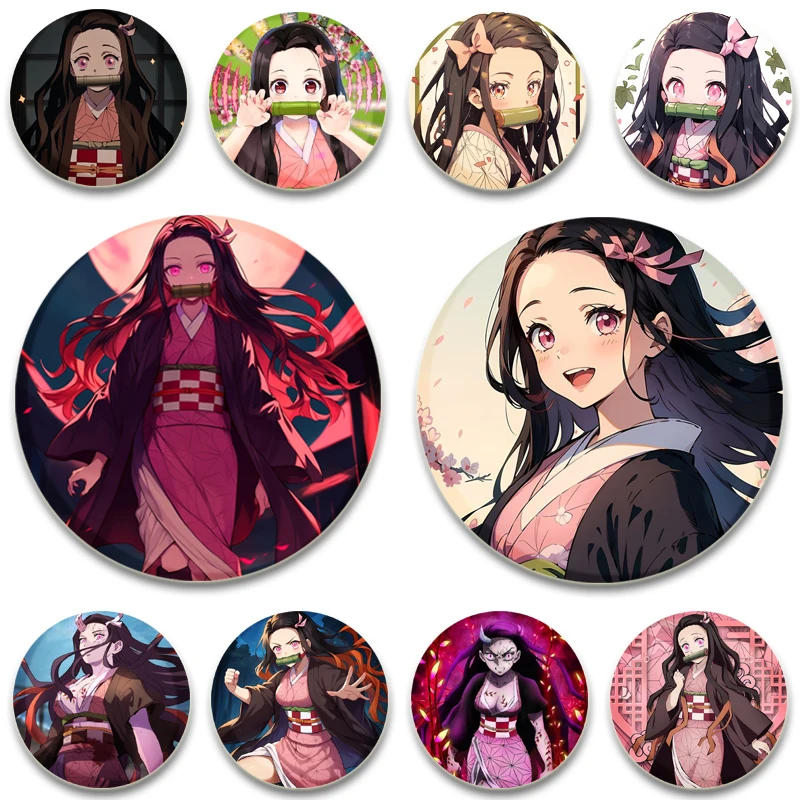 Japanese Manga Demon Slayer: Kimetsu No Yaiba Round Pins Badges Cosplay Tinplate Brooch for Backpack Clothes Chest Ornament Gift