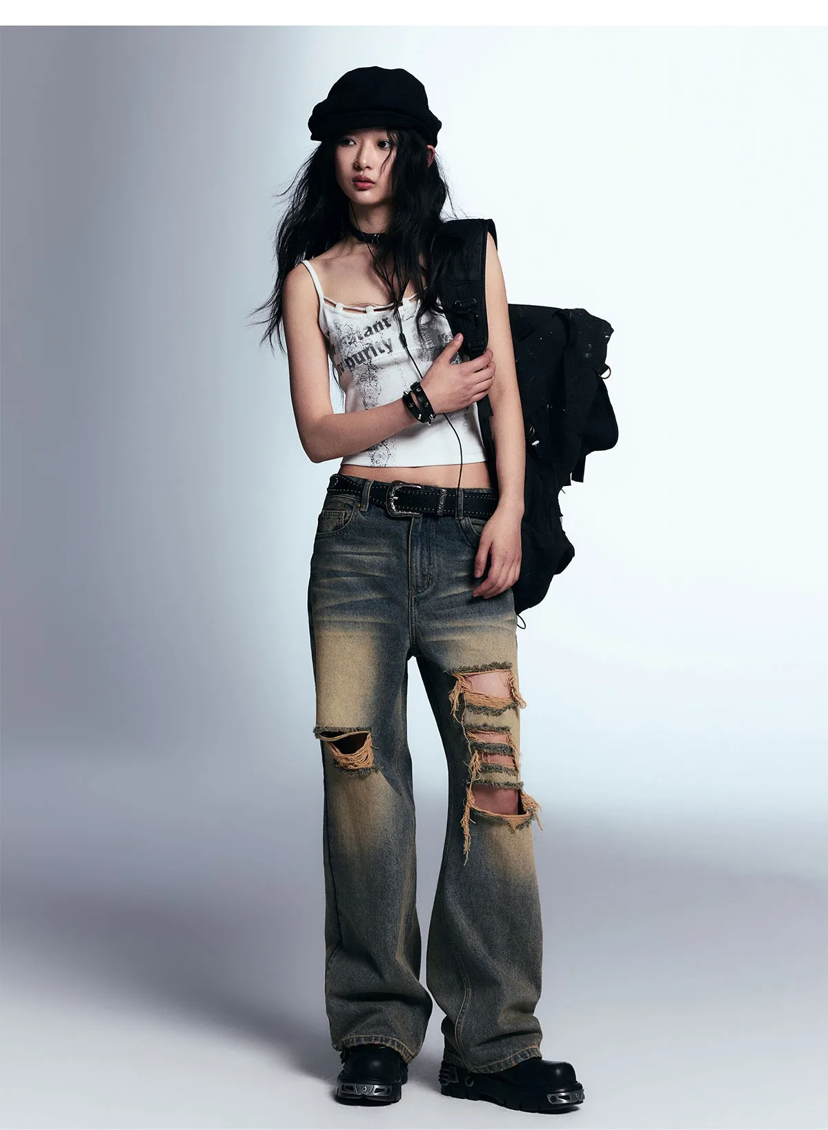 IMU Cest Nous Vintage Hole Jeans Women Punk Hip Hop Cool Girls Low Waist Raw Edge Straight Long Denim Trousers Pant Capris