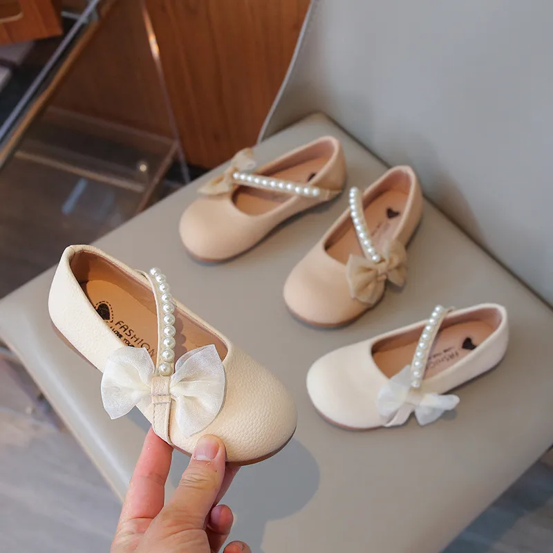 

Fashion Girls Mary Janes for Party Wedding Shows Bow Pearls Elegant Princess Shoes Chic Kids Shoes