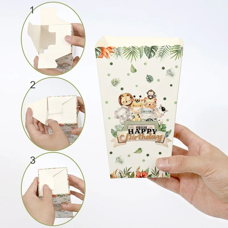 Jungle Animal Popcorn Boxes Zoo Treat Boxes Paper Jungle Theme Birthday Party Supplies Baby Shower Favor Movie Night Decorations