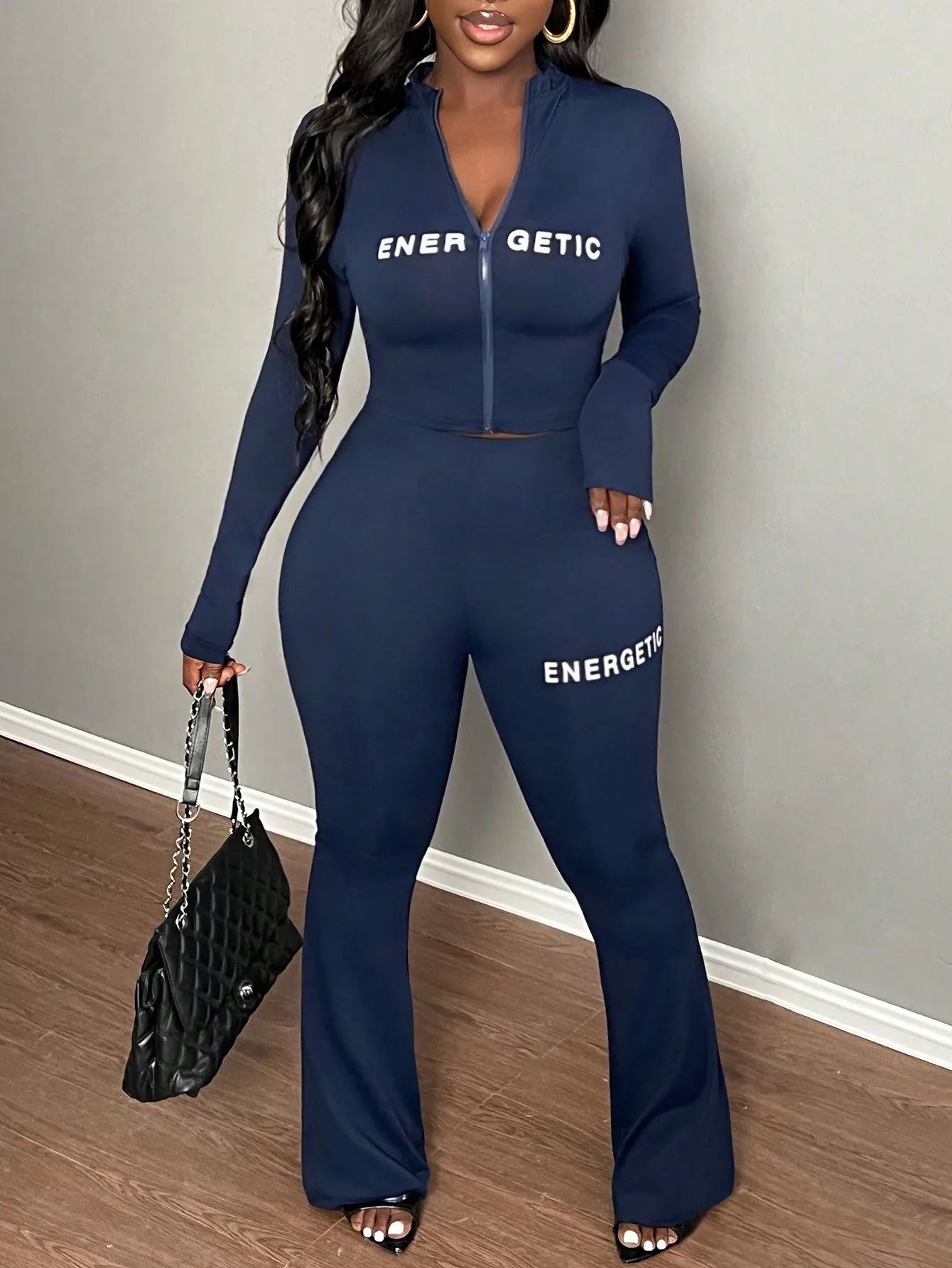 여성용 에너제틱 레터 프린트 지퍼업 긴팔 점프수트 세트, 고탄력 슬림핏 캐주얼 의상