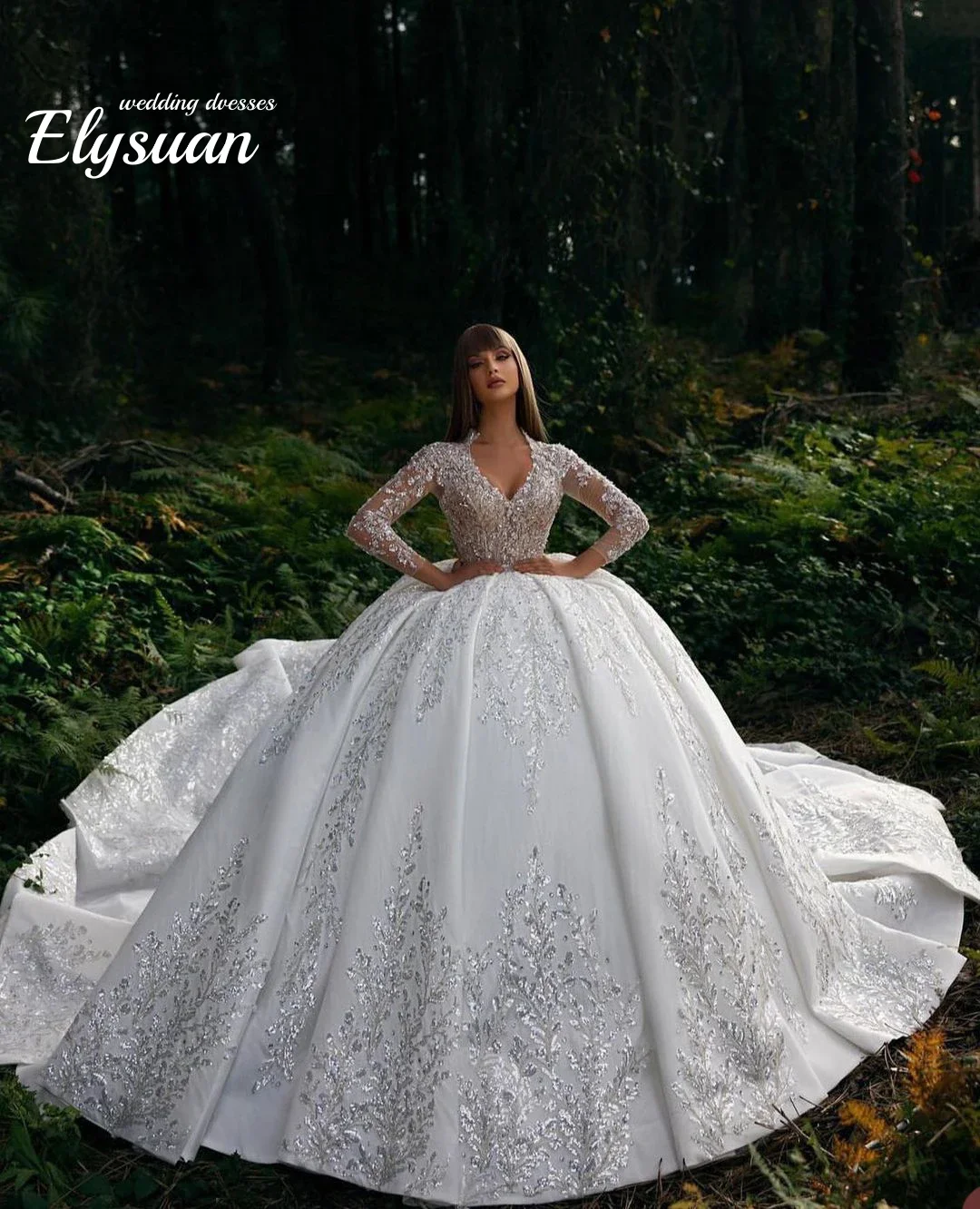 Классические свадебные платья по индивидуальному заказу, с v-образным вырезом, трапециевидной формы, с длинными рукавами и аппликациями, блестящее свадебное платье с блестками, длиной до пола, Robe De Vestido