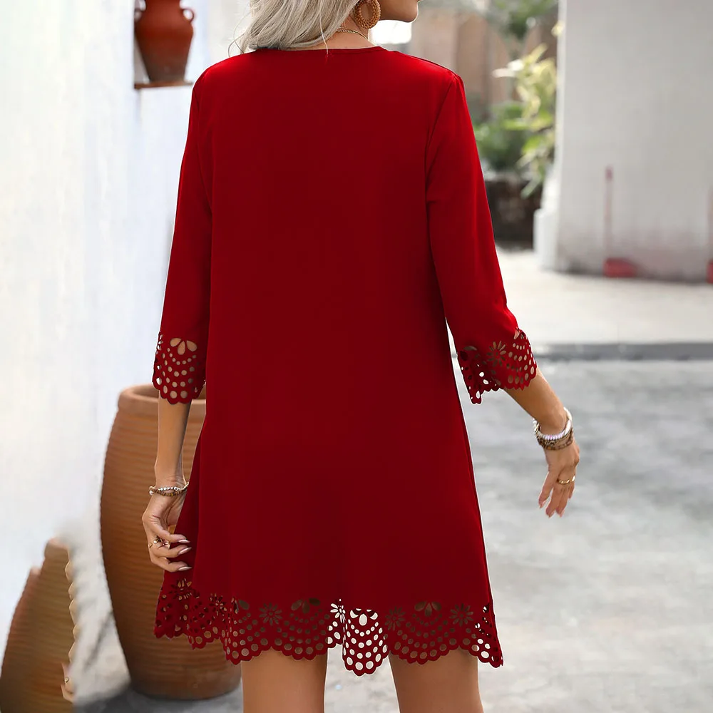 Casual Loose Mini Dresses For Women 2025 Summer Three Quarter Sleeve V-neck Beach Short Dress Elegant