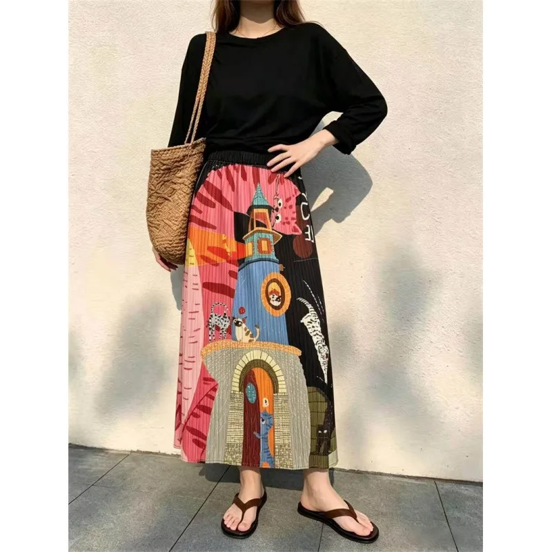 Miyake Pleated 2026 Summer New Cartoon Print Pleated Skirt Women's Fashion High Waist Slimming Casual Straight Slit Skirt Pleat