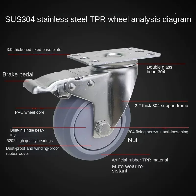 

1PCS 5 Inch Heavy Duty 304 Stainless Steel Swivel Casters M12 TPR Rubber Silent Wheels for Utility Carts, Dollies & Industrial