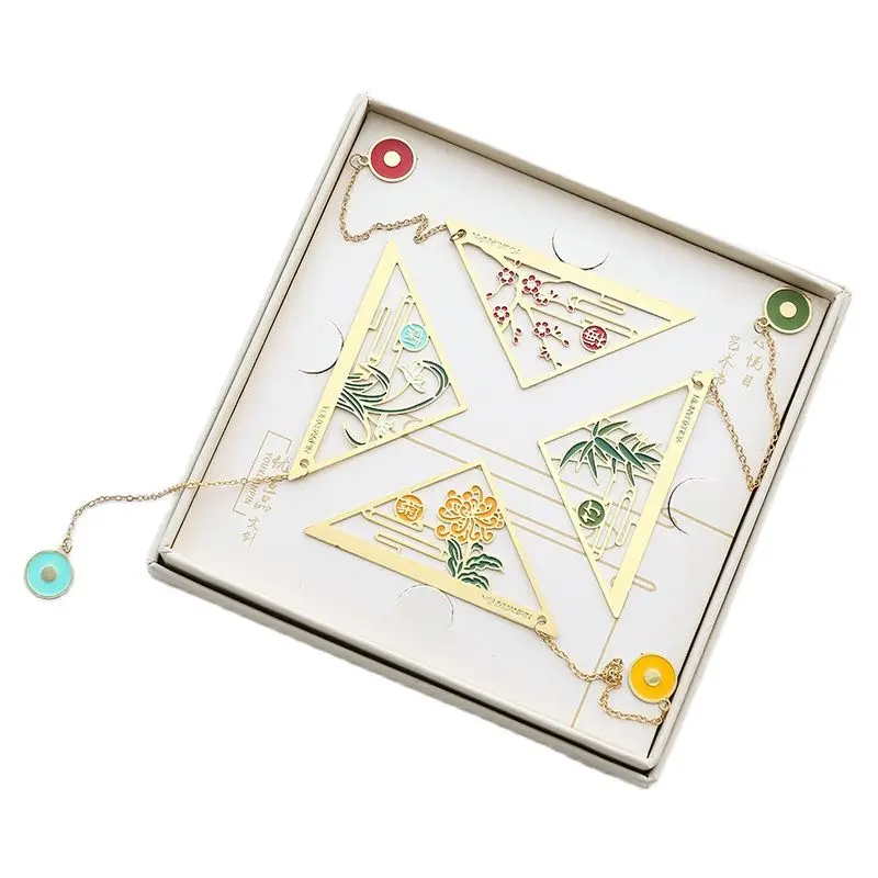 4PCS/SET Chinese Classical Style Bookmark Merlin Bamboo Chrysanthemum Metal Book Marks