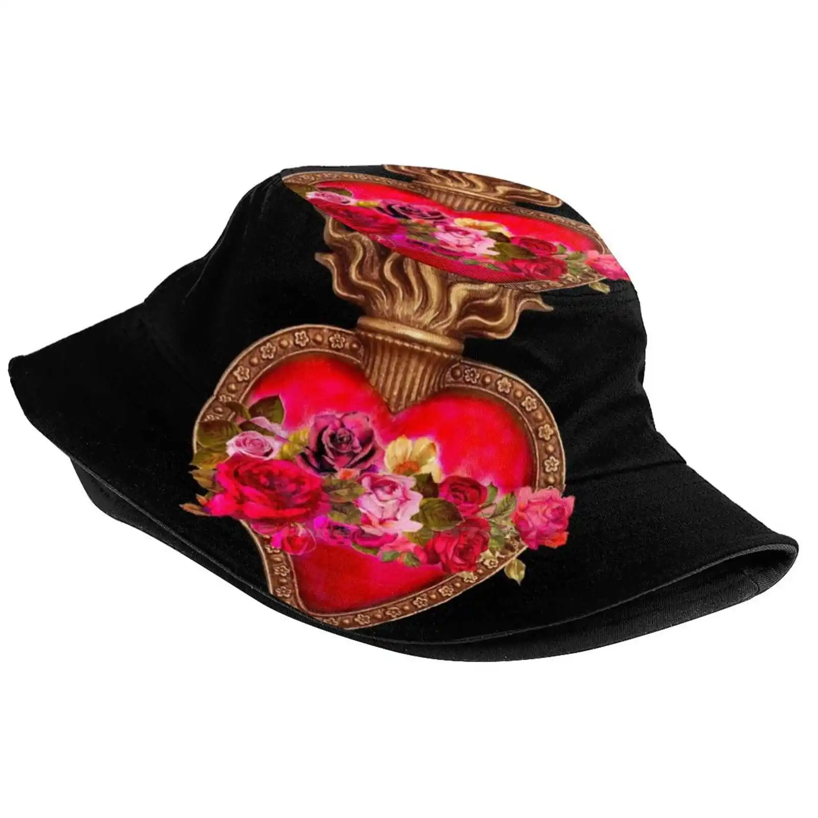 Red Immaculate Heart - Sacred Heart Causal Cap Buckets Hat Immaculate Heart Heart Milagro Corazon Catholic Art Red Flaming Heart