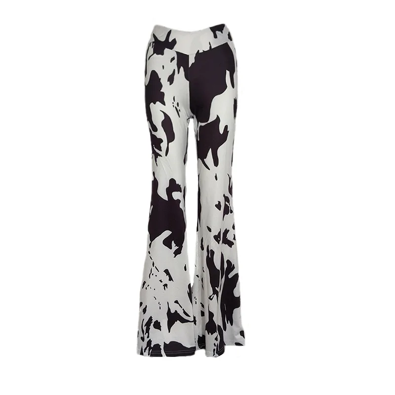 DSMTRC 2025 الألبان البقرة المطبوعة عالية الخصر سراويل تقليدية للنساء الخريف مضيئة بنطلون مرونة الخصر مريحة Bodycon قيعان