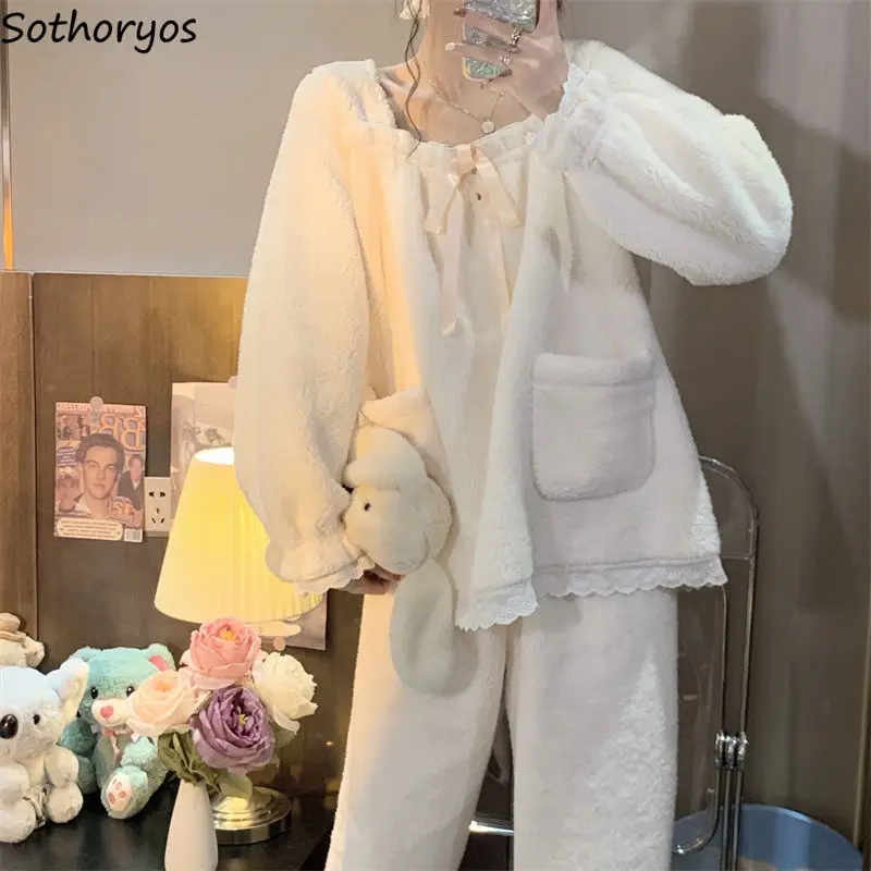 

Pajama Sets Women Lace Lovely Seductive Korean Style Basics Bow Simple Leisure Creativity Loose Winter Delicate Popular Tender