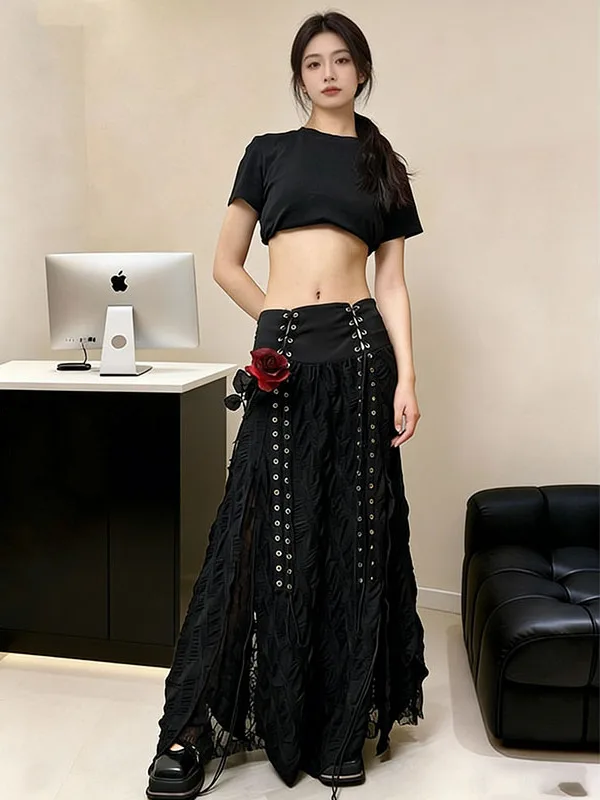 

Юбка с высокой талией и кружевной отделкой, женская юбка А-силуэта, облегающая длинная юбка, дизайнерская модель, весенняя новинка