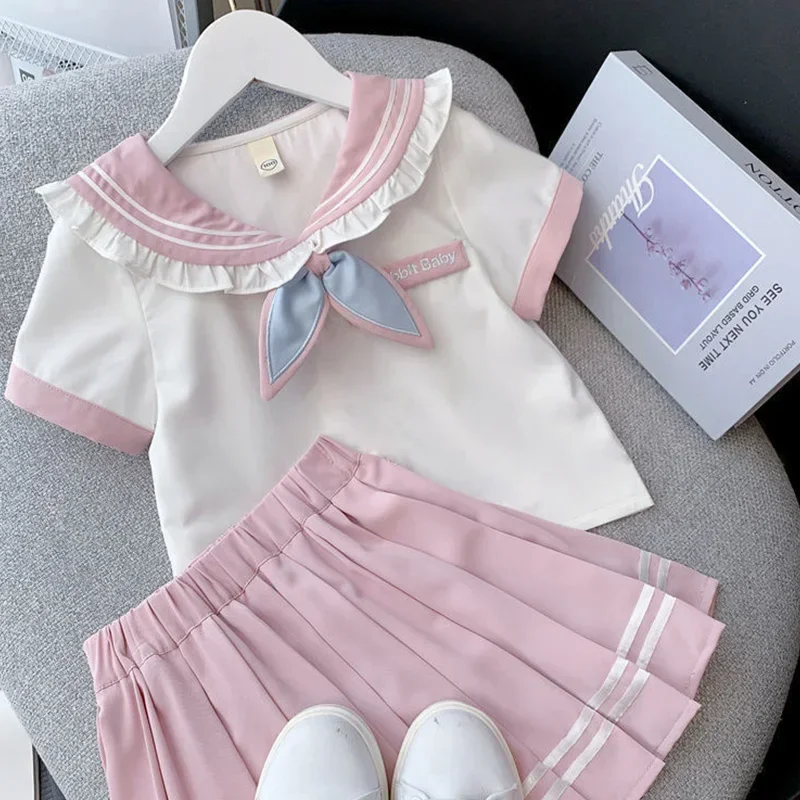 2024 الصيف Kawaii قميص مطوي تنورة الفتيات الملابس لطيف الأزرق الوردي قصيرة الأكمام JK طالب موحدة 2 قطع 4 إلى 15 سنة