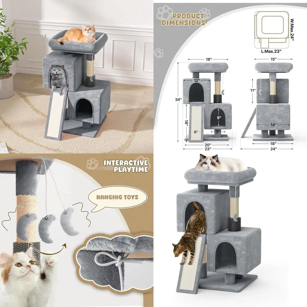 

Многоуровневая лазалка-дерево для кошек с большим домиком, лежанкой, стойкой для когтей и сизалевым трапециевидным лотком, светло-серая