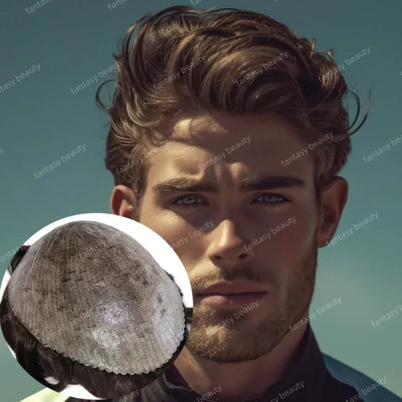 الجلد الشعر الاصطناعية 0.1 مللي متر 100% شعر بشري هندي الشعر المستعار للرجال أنظمة استبدال قطعة شعر الاصطناعية الشعرية الذكور الباروكات