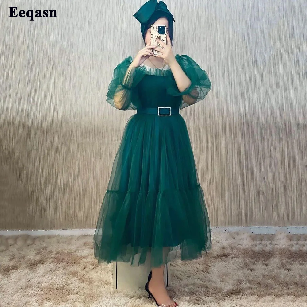 

Eeqasn Dark Champage Midi Prom Dresses Saudi Arabia Long Sleeves Tulle Evening Dress Pleats Off The Shoulder Prom Party Gowns